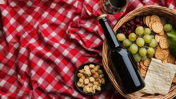 summer picnic setup with snacks, grapes, and drink photo