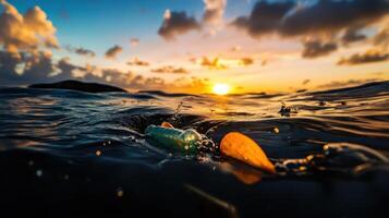 serene sunset over ocean with gentle waves and floating objects photo