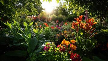 vibrant garden filled with colorful flowers and lush plants photo