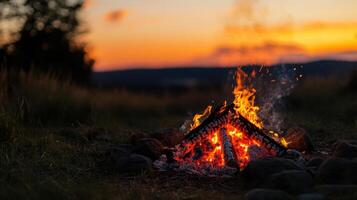 summer campfire scene at dusk with glowing sky photo
