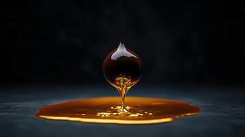 golden liquid droplet suspended above glossy surface photo