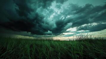 Dramatic storm clouds gathering over grassy field at dusk photo