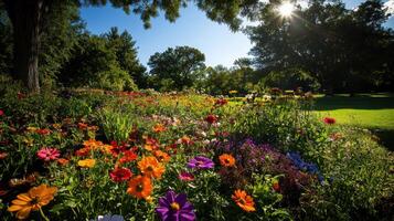Colorful flowers in a park with the sun shining photo