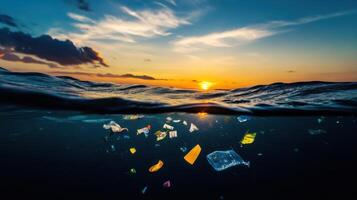 Polluted ocean with plastic waste at sunset, highlighting concern photo