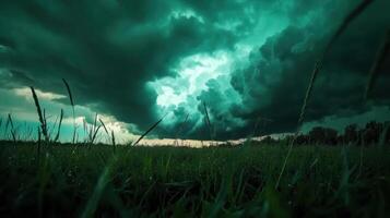 dramatic supercell thunderstorm looms over grassy field photo