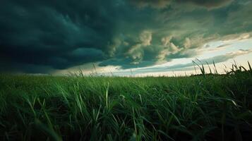 supercell thunderstorm looms over grassy field photo