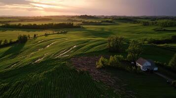 serene farm landscape with lush green fields and house photo
