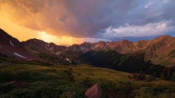 A stormy sky over the mountains with a lightning bolt photo