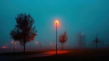 foggy night scene with glowing streetlights and trees photo