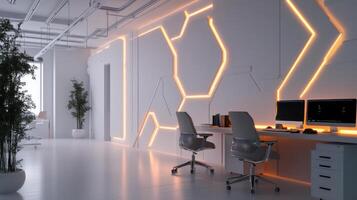 modern office with glowing LED lights and sleek furniture photo