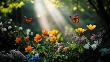 serene garden with colorful flowers and butterflies photo