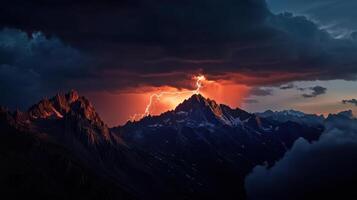 A lightning bolt strikes through the clouds over a mountain range photo