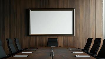 A conference room with a wooden wall and a large frame photo
