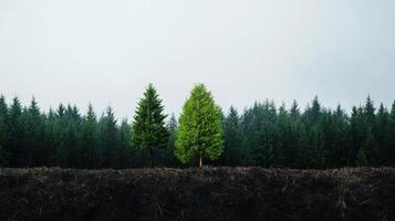 contrast of green trees against deforested area photo