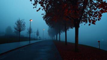 Misty path lined with trees and streetlights in fog photo
