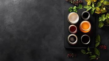 top down view of beer flight with various styles photo