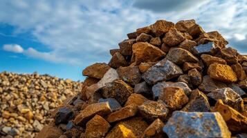 Piles of extracted minerals under blue sky with clouds photo