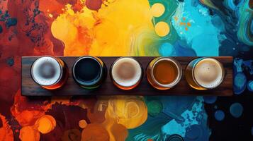 colorful beer flight with five different beers on wooden tray photo