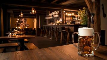 traditional beer stein filled with frothy beer in pub photo