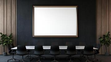 A conference room with a large blank frame photo