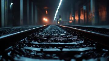 image captures train station with tracks leading into dimly lit photo