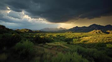 thunderstorm over mountain range with dramatic lighting photo