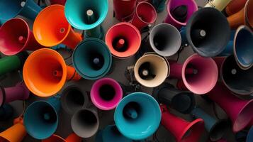 Colorful megaphones arranged in vibrant display photo