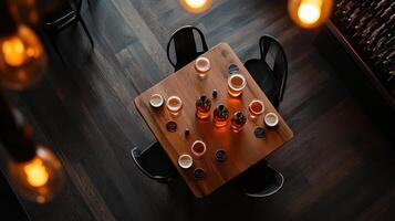 top down view of brewery taproom table with drinks photo