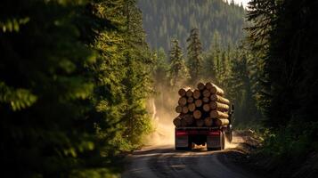 A truck carrying logs down a dirt road photo