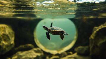 turtle swimming gracefully in clear water, surrounded by rocks photo