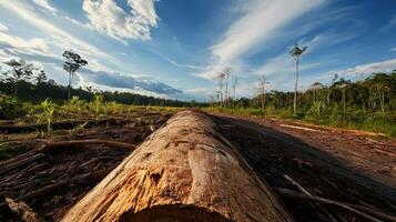 Deforested area with fallen tree and blue sky photo