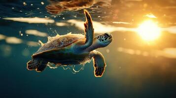 turtle swimming gracefully in ocean at sunset photo