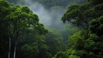 A green forest with trees and fog photo