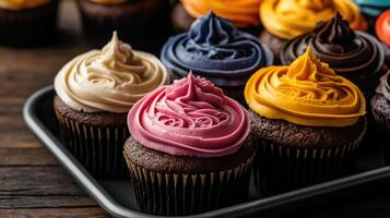 Colorful cupcakes with intricate frosting designs on tray photo