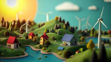 An animated illustration of a small town with wind turbines photo