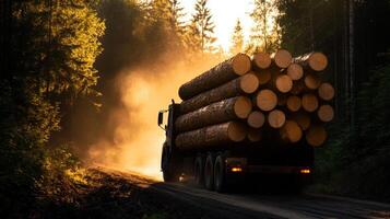 A truck carrying logs down a dirt road photo