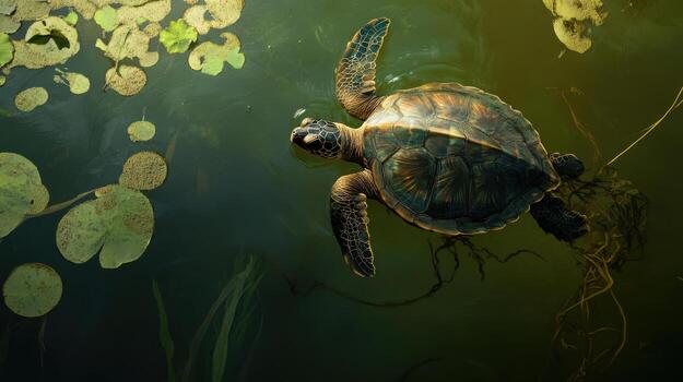 turtle swimming in serene pond surrounded by lily pads photo