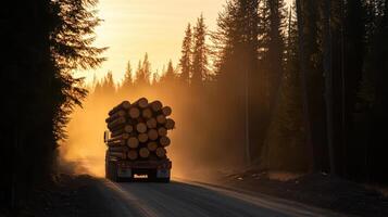 truck carrying massive logs through deforested area photo