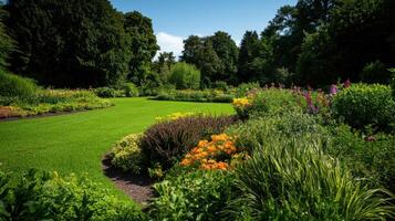 A lush green lawn with flowers and trees photo