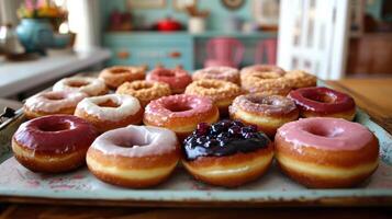 A tray of donuts with different flavors on it photo