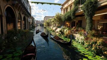 serene future city with gondolas gliding through lush canals photo
