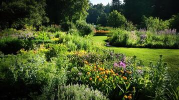 Lush summer botanical garden with vibrant flowers and greenery photo