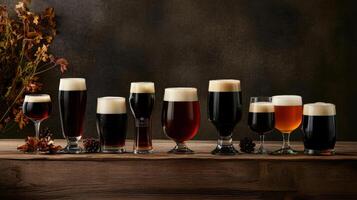 A variety of beers are lined up on a table photo
