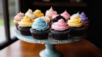 Vibrant cupcakes with pastel frosting on decorative stand photo