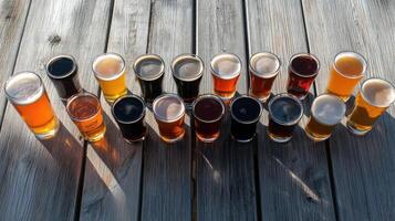 A variety of beers are lined up on a wooden table photo