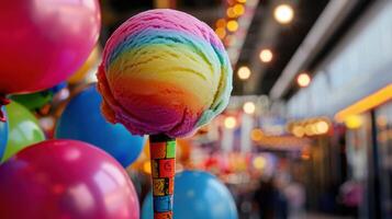 vibrant scoop of rainbow sherbet ice cream on stick photo