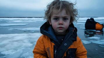 child in orange jacket stands on polar ice sheet photo