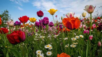 Colorful tulips and daisies are in a field photo