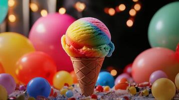 colorful scoop of rainbow sherbet ice cream in cone photo