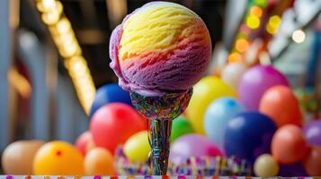 colorful scoop of sherbet ice cream in cone photo
